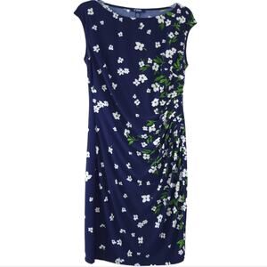 Chaps Floral Dress Medium Sleeveless Dress Blue, White Flowers, Ruched Sides